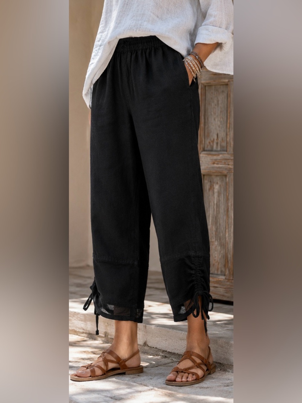 Fenini Artsy Black Linen Crop Pants Ruched Mesh Hem Elastic Waist Lagenlook, M